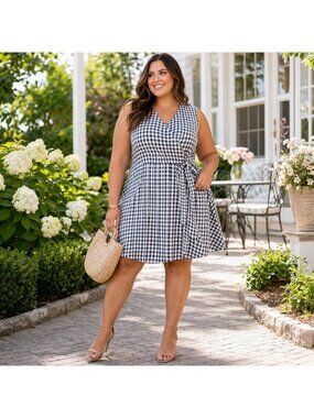 NEW Lane Bryant Womens Gingham Check Wrap Dress Sleeveless Plus Size 14/16